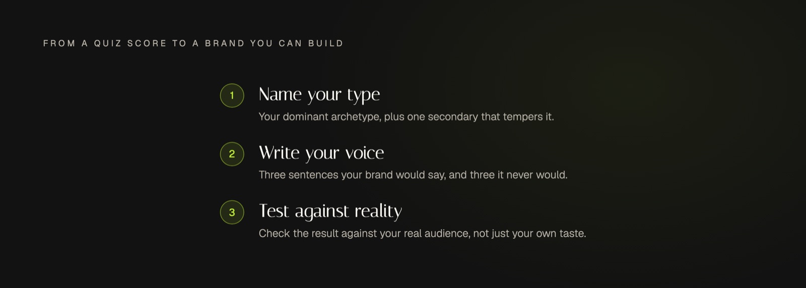 Three numbered steps for turning a brand archetypes quiz score into a usable brand: name your type, write your voice, and test against reality.