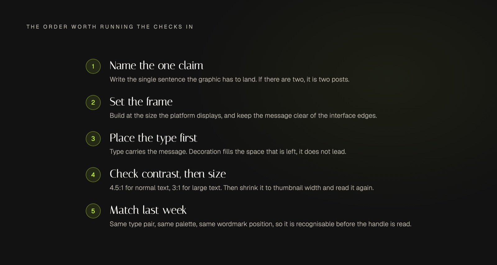 A five-step ordered checklist for designing one social media post. Step one, name the single claim the graphic has to land. Step two, set the frame at the size the platform displays and keep the message clear of the interface edges. Step three, place the type before any decoration. Step four, check the contrast ratio and then shrink the export to thumbnail width and read it again. Step five, match the type pair, palette and wordmark position used on the previous post.